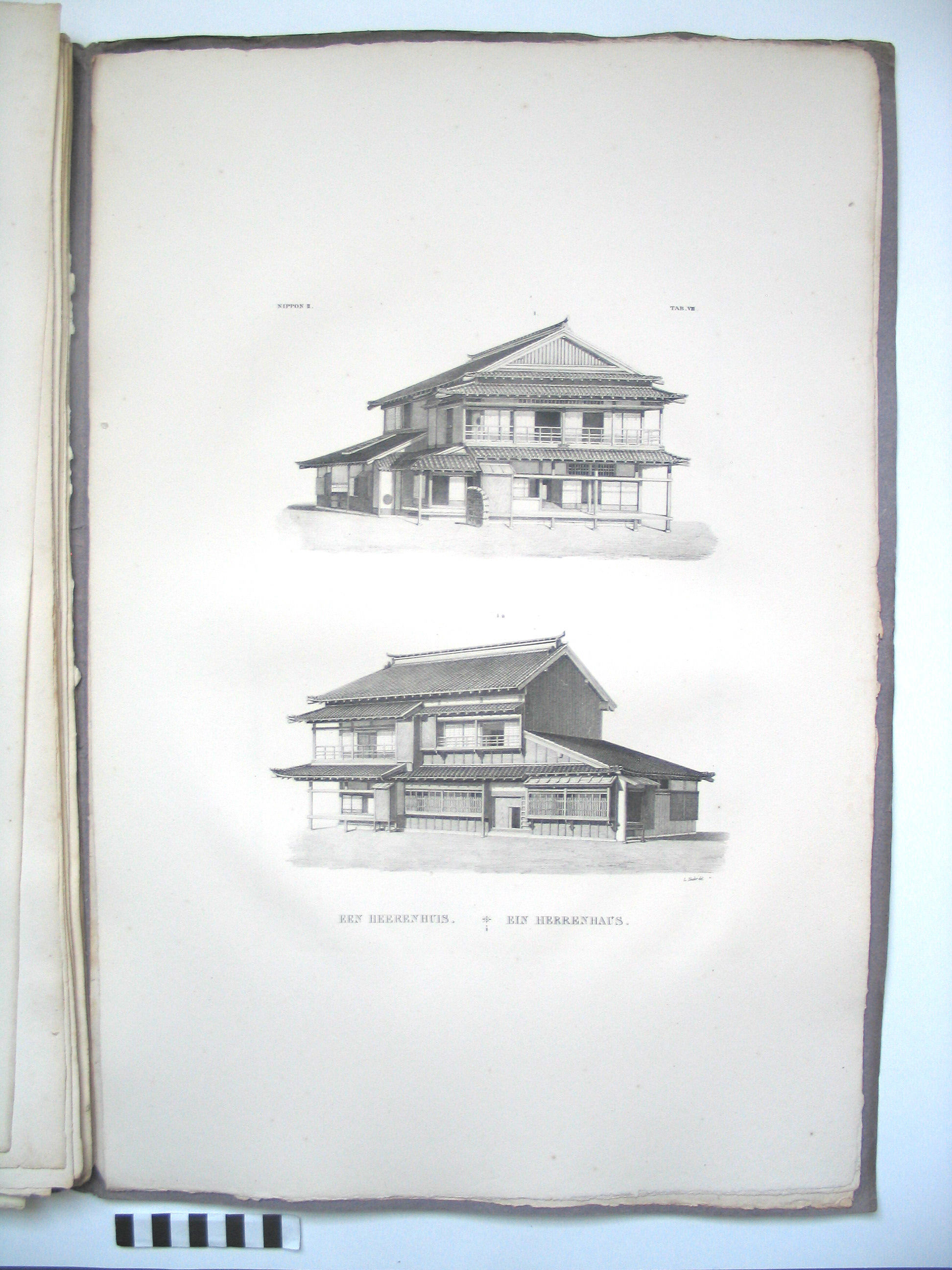  ‘Heerenhuis’, gezien vanuit twee gezichtspunten. Lithografie uit Nippon, getekend door L. Nader.
